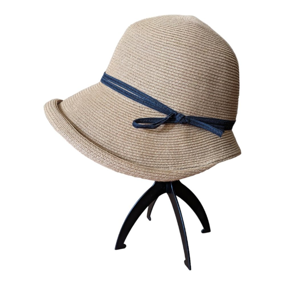 Lightweight Natural Cloche Hat - NWOT - Navy Blue Ribbon - Retro Sun Hat